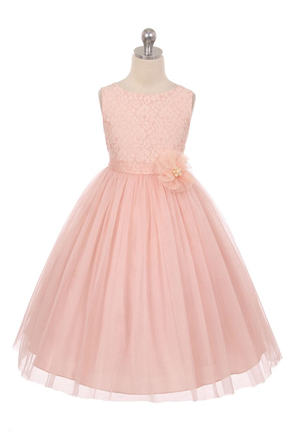 Blush Sleeveless Lace Detailing Flower Girl Dress with Overlay Tulle Skirt Blush Sleeveless Lace Detailing Flower Girl Dress with Overlay Tulle Skirt